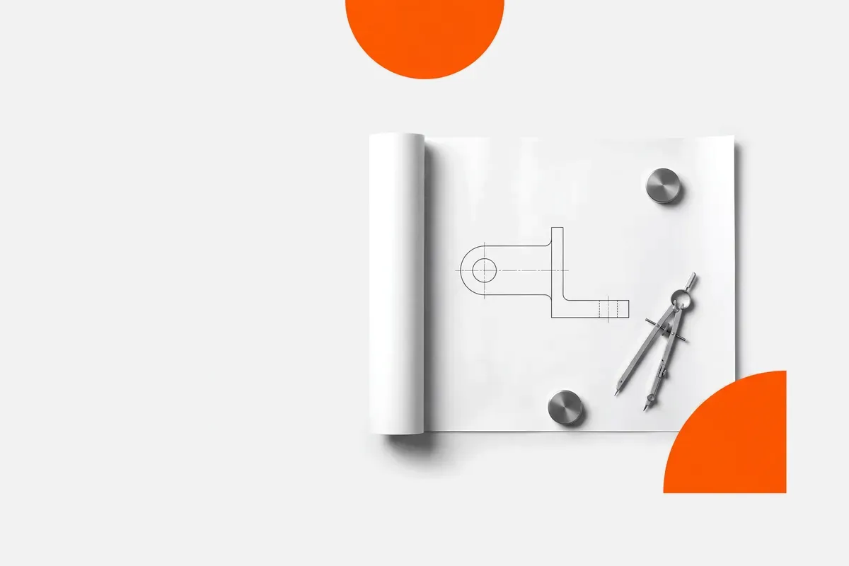 Чертёж без надписей, циркуль и грузики на краях листа